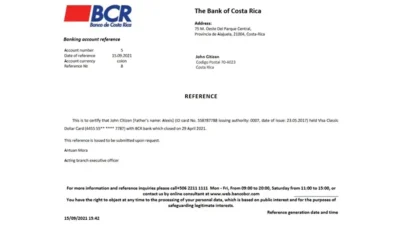 Costa Rica The Bank Of Costa Rica Bank Account Reference Letter Template