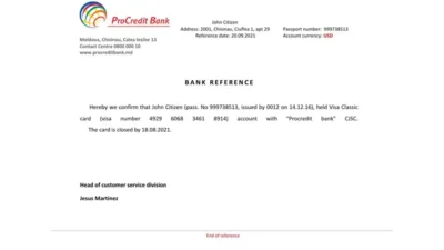 Moldova ProCredit Bank Reference Letter Template