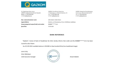 Kazakhstan Qazkom Bank Reference Letter Template