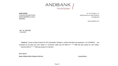 Andorra Andbank Bank Reference Letter Template