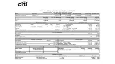 USA Citibank N.A. PayStub Word And PDF Template