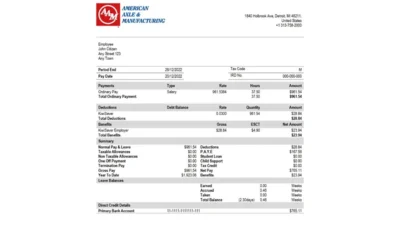 American Axle manufacturing company pay stub Template