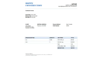 USA Hope Construction invoice template in Word and PDF format