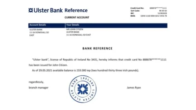 Ireland Ulster Bank Reference Letter Template