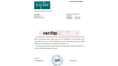 Norway DNB Nor Bank bank account reference letter template
