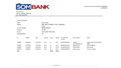Somalia Sombank Bank Statement Template