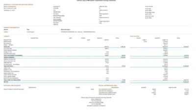 USA Microsoft Corporation Employee PayStub Word and PDF Template (6 Pages)