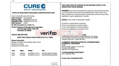 New Jersy Cure Auto Insurance Card Template