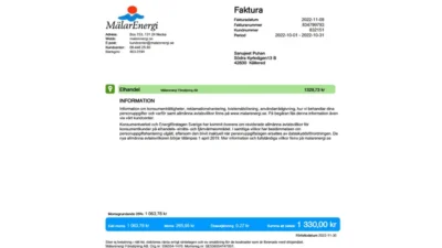 Sweden Mälarenergi Elhandel Invoice Word And PDF Template (2 Pages)