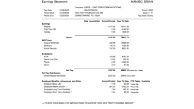 USA Lone Star Communications Pay Stub Word And PDF Template (6 Pages)