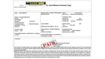 Fake Money Transfer Receipt Template in word and pdf format