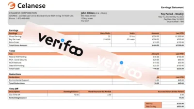 USA Celanese technology company pay stub Word and PDF template