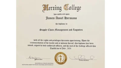 Herzing Collegey University Fake Certificate PSD Template