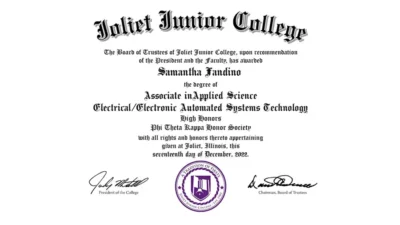 Authentic-Looking Fake Associate in Applied Science from Joliet Junior College