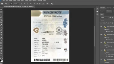 Canada British Columbia Birth Certificate template in PSD format